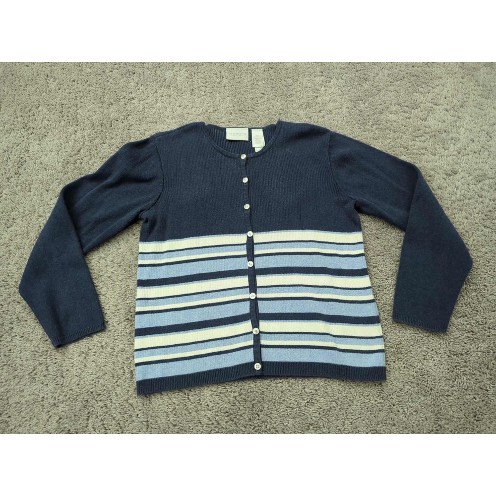 Liz Claiborne Cardigan Sweater Womens M Blue Striped Button Up Made in Hong Kong